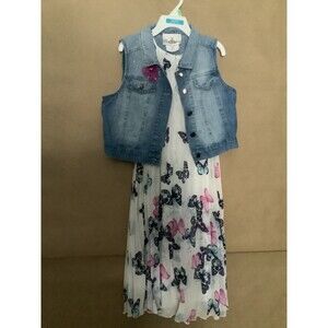 Girls Butterly Tunic Dress, jean jacket, Size 10 with slip underneath, Preowned.